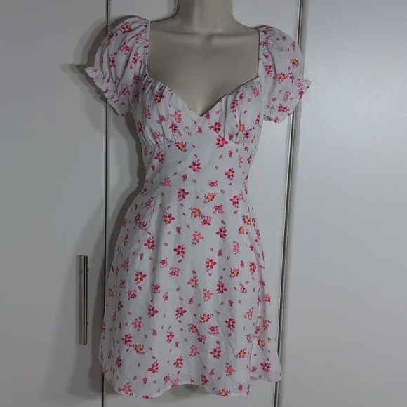 Princess Polly Ruth Puff Sleeve White Pink Floral Print Mini Dress Size 6 - Picture 1 of 7